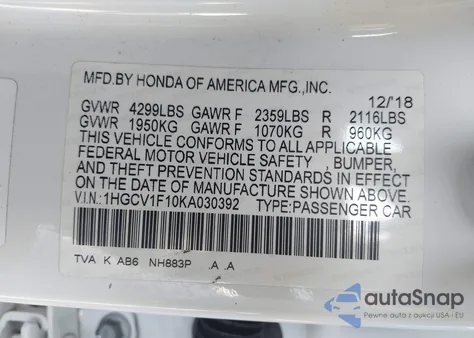 2019 Honda Accord Lx z USA, uszkodzony, nr VIN 1HGCV1F10KA030392